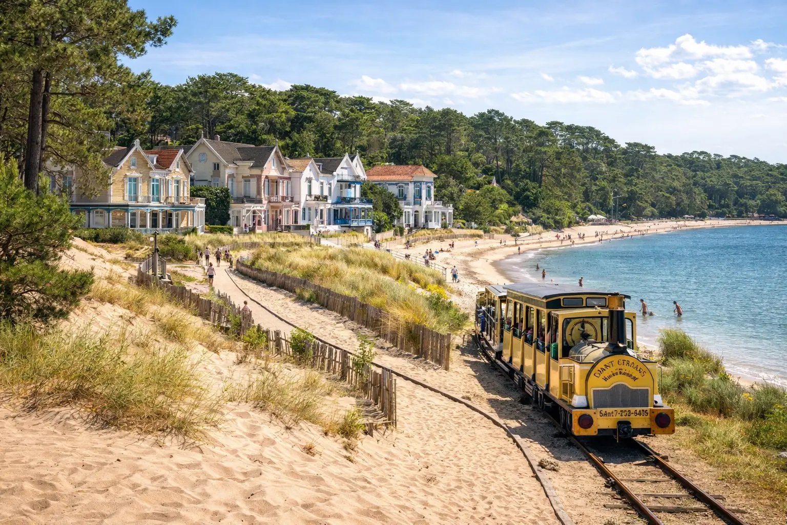 Saint-Trojan-les-Bains sur l’île d’Oléron, plage de Gatseau avec le P’tit Train historique, dunes de sable et villas Belle Époque en bord de mer