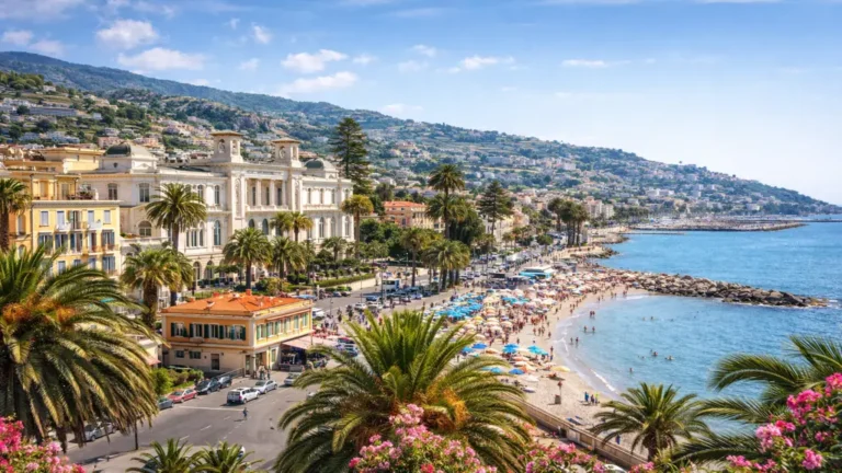 Vue panoramique de Sanremo sur la Riviera ligure avec le Casino de Sanremo, le front de mer, les palmiers et les plages méditerranéennes