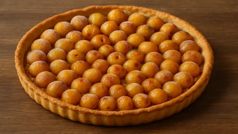 Tarte aux mirabelles surgelées dorée, fruits disposés en rosace sur pâte croustillante, présentation réaliste sur fond en bois.