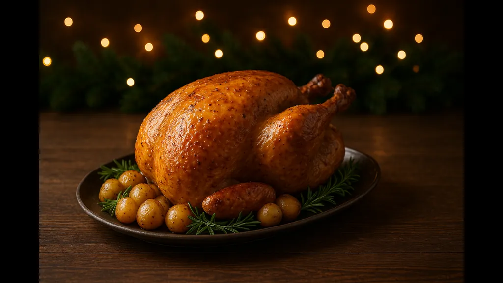 Dinde rôtie dorée servie sur un plat avec pommes de terre et romarin, sur table en bois, dans une ambiance de Noël chaleureuse avec guirlandes lumineuses floues en arrière-plan.