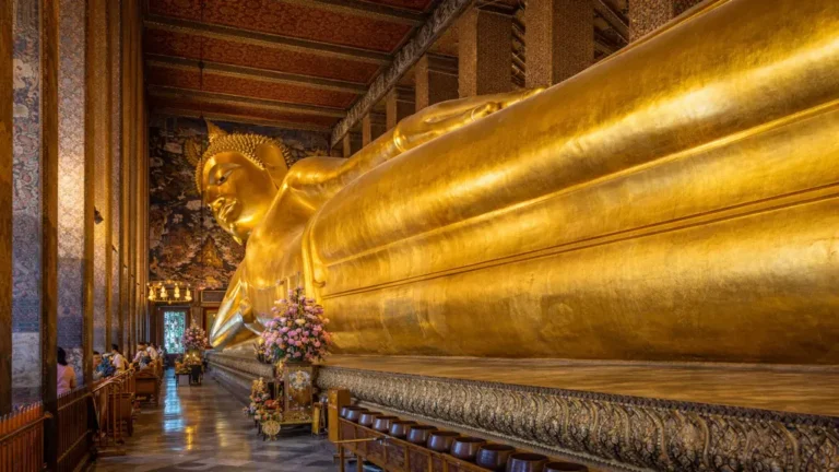 Bouddha couché doré du temple Wat Pho à Bangkok, statue monumentale de 46 mètres représentant l’entrée de Bouddha dans le nirvana