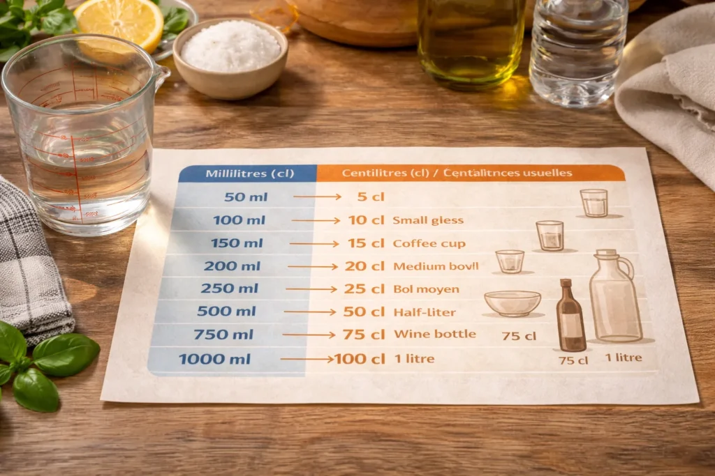Verre doseur rempli d’eau sur un plan de travail de cuisine illustrant la conversion de 200 millilitres en 20 centilitres