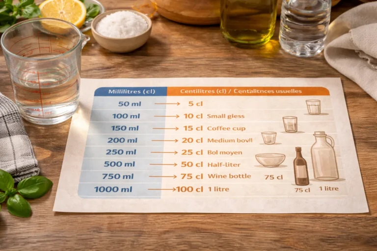 Verre doseur rempli d’eau sur un plan de travail de cuisine illustrant la conversion de 200 millilitres en 20 centilitres