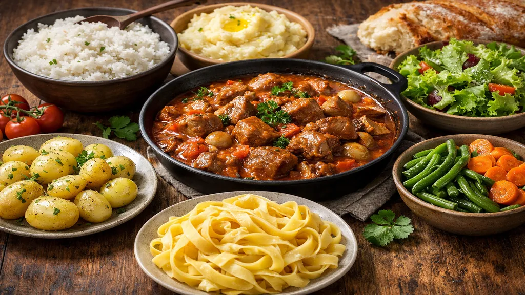 Veau Marengo en sauce tomate servi en cocotte avec riz blanc, pommes de terre vapeur, tagliatelles fraîches et légumes verts en accompagnement
