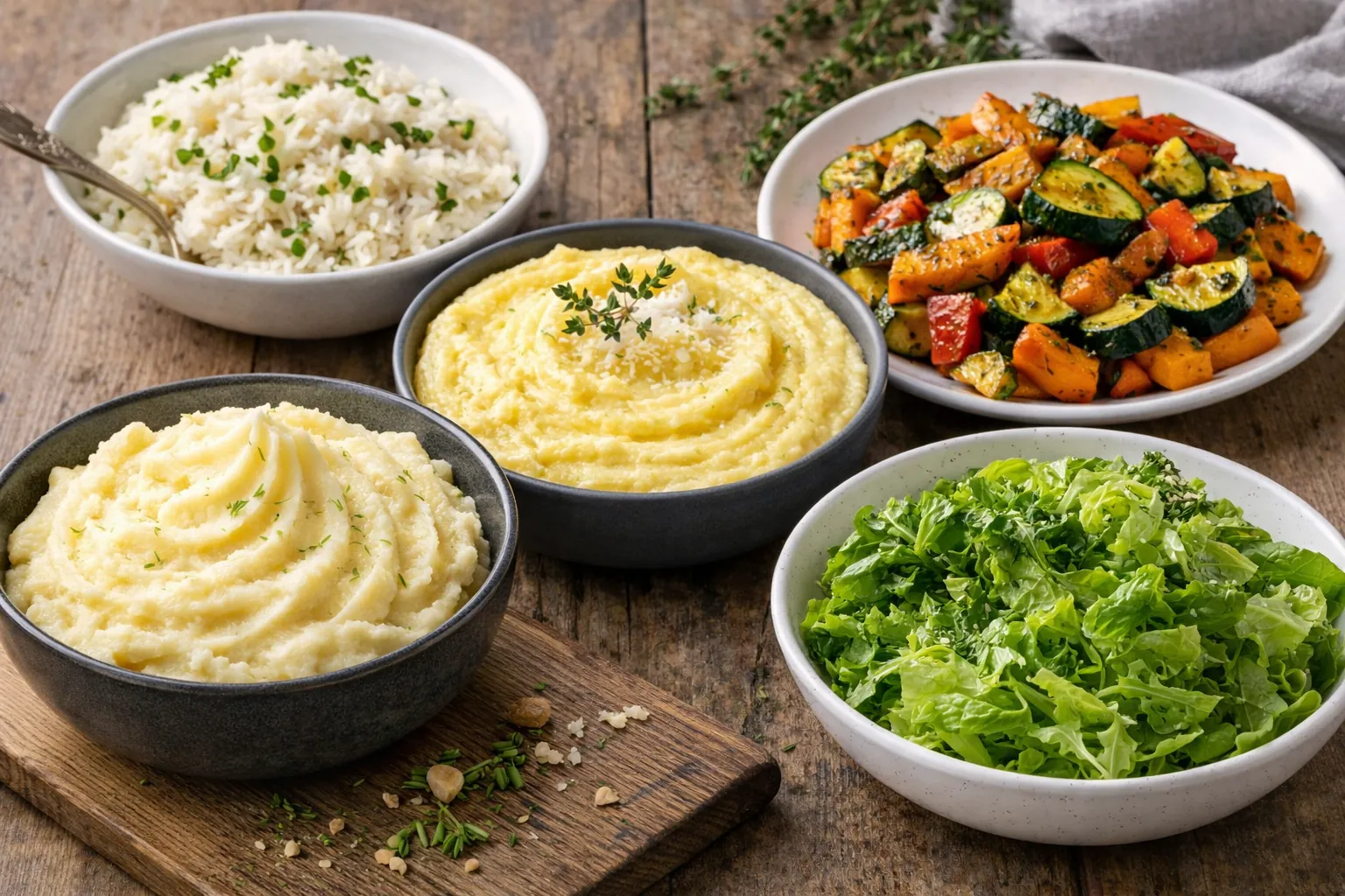 Assortiment d’accompagnements pour quenelles : riz pilaf, purée de pommes de terre, polenta crémeuse, légumes rôtis au four et salade verte fraîche, servis sur une table rustique.