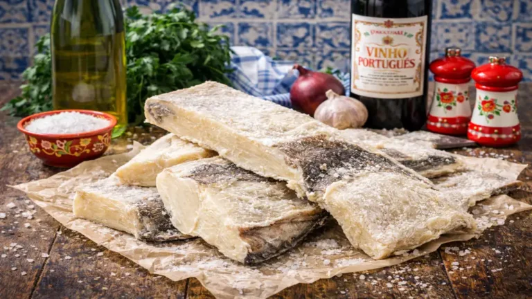 Bacalhau : morue salée portugaise, dessalage et recettes incontournables 8 Bacalhau portugais séché et salé présenté sur table rustique avec sel marin et huile d’olive