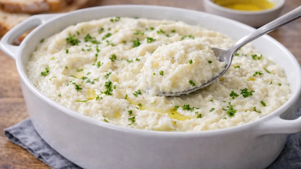 Brandade de morue maison crémeuse dans un plat en céramique blanche, à base de morue émulsionnée à l’huile d’olive, servie avec une cuillère et parsemée de persil