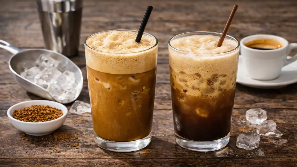 Café frappé : recettes grecque et espresso, différences avec café glacé et astuces réussies 1 Café frappé mousseux servi froid en grand verre avec glaçons, version grecque et espresso