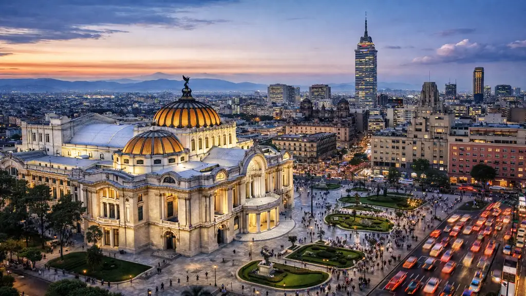 Vue aérienne de Ville de Mexico avec le Palacio de Bellas Artes et la Torre Latinoamericana au crépuscule