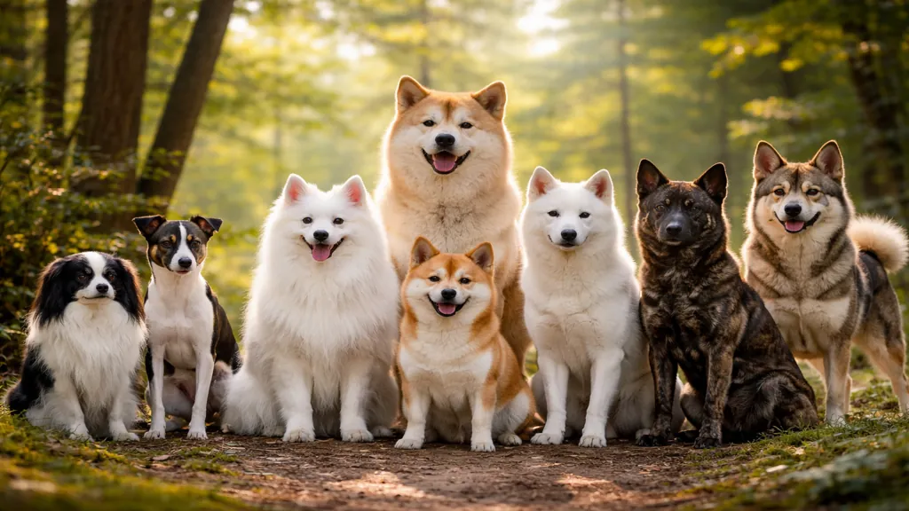 Groupe de chiens japonais emblématiques (Shiba Inu, Akita Inu, Spitz japonais, Kai Ken, Kishu Ken) posant en forêt, représentant les principales races de chiens japonais.