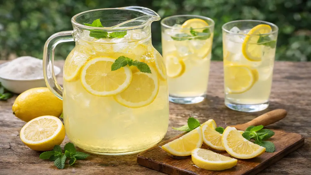 Citronnade maison fraîche servie dans un pichet avec citrons jaunes et glaçons