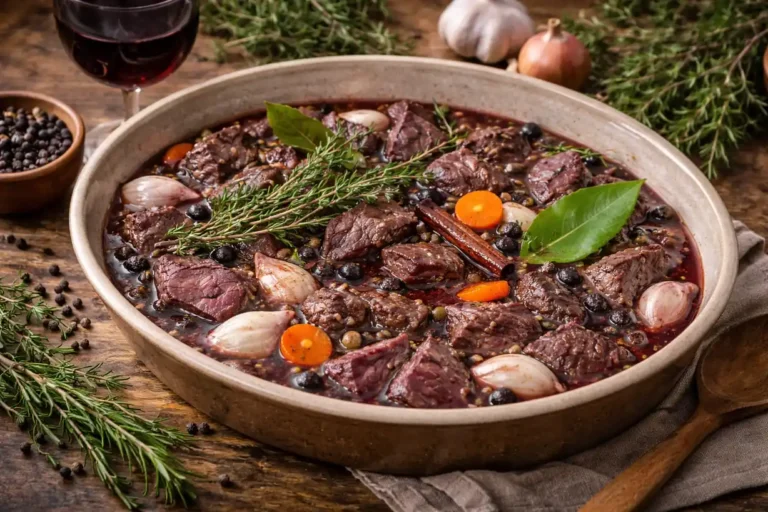 Civet de sanglier au vin rouge : recette authentique et méthode inratable 2 Civet de sanglier en marinade au vin rouge avec morceaux de gibier, carottes, oignons, herbes et épices