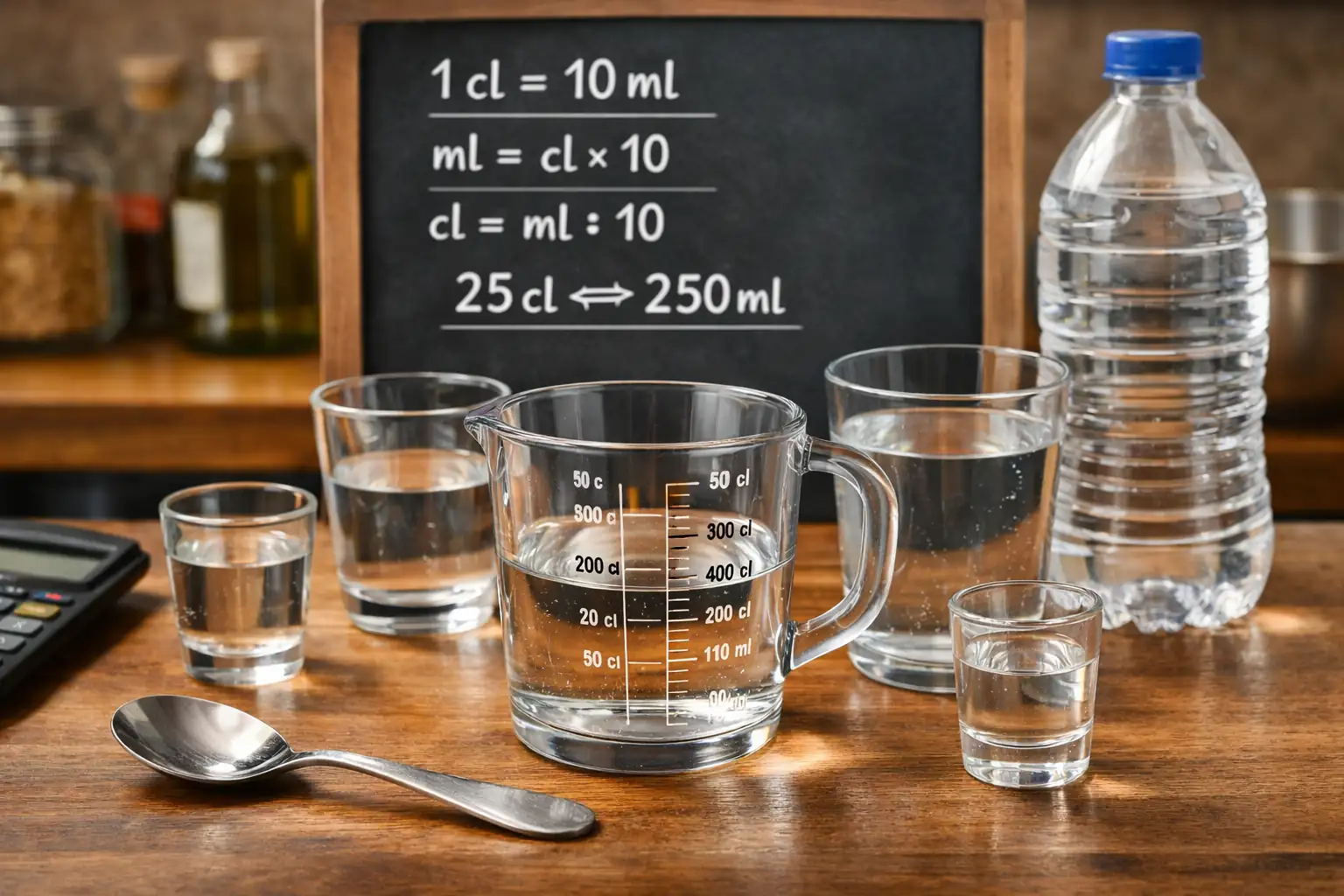 Conversion cl en ml avec verre doseur et contenants de cuisine montrant les équivalences de volumes en millilitres et centilitres