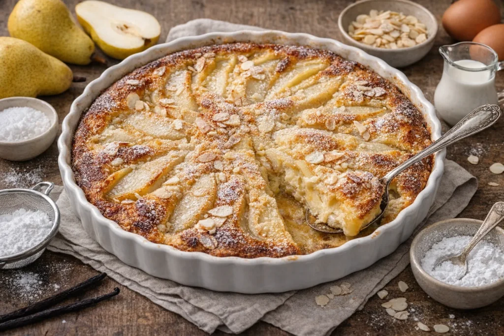 Clafoutis aux poires maison doré au four avec poires fondantes et amandes effilées dans un moule en céramique