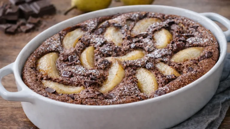 Clafoutis poires chocolat maison dans un plat en céramique, avec lamelles de poires fondantes et chocolat noir, dessert moelleux et doré