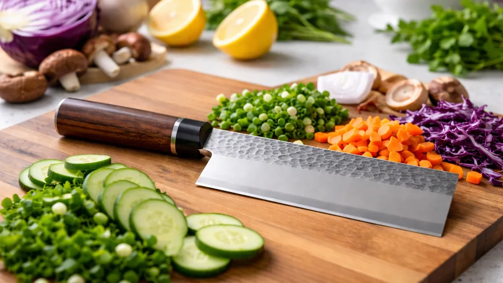 Couteau nakiri japonais sur planche en bois avec légumes frais coupés (concombre, carottes, chou).