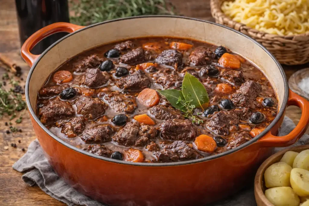 Daube provençale de bœuf mijotée au vin rouge avec carottes et olives dans une cocotte en fonte