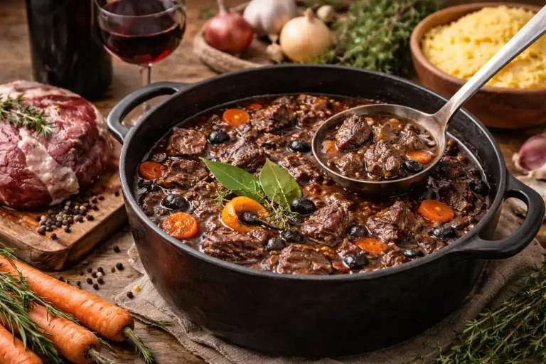Daube de sanglier mijotée au vin rouge avec morceaux de gibier, carottes, olives et aromates provençaux dans une cocotte