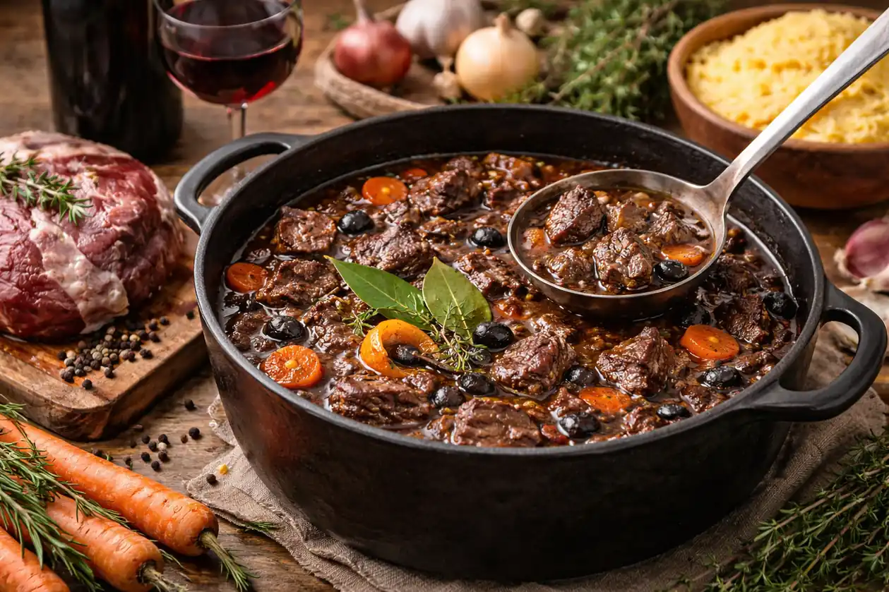 Daube de sanglier : recette complète, marinade et cuisson pour une viande fondante 1 Daube de sanglier mijotée au vin rouge avec morceaux de gibier, carottes, olives et aromates provençaux dans une cocotte