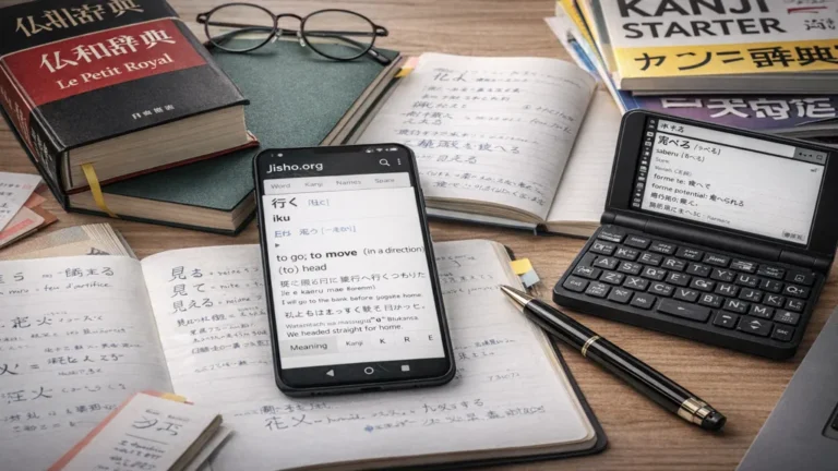 Dictionnaire japonais et outils d’apprentissage du japonais avec smartphone affichant Jisho.org, cahiers de notes, kanji et dictionnaire électronique sur un bureau.