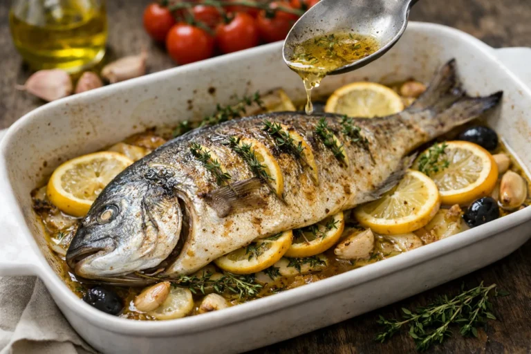 Dorade royale : comment la choisir, la préparer et réussir sa cuisson à tous les coups 3 Dorade royale entière cuite au four avec citron, thym et huile d’olive, arrosée de son jus de cuisson dans un plat en céramique