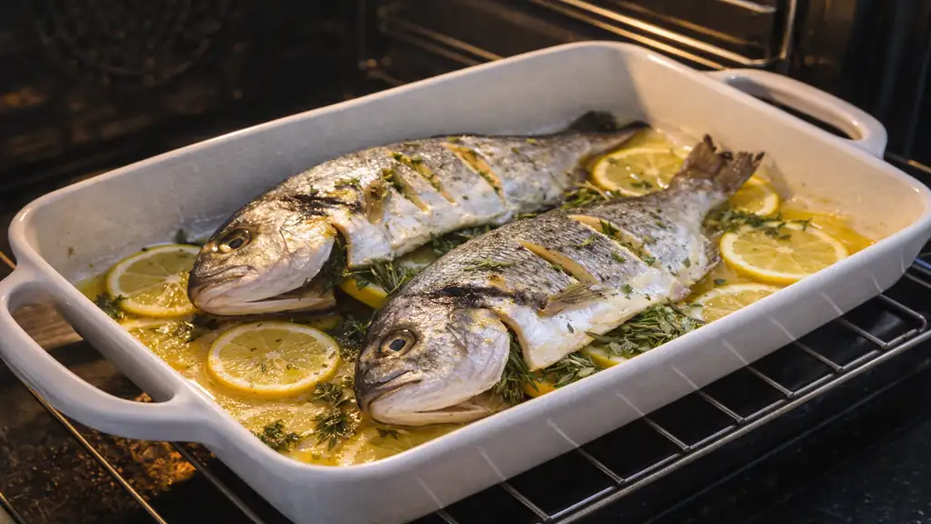 Dorade royale entière cuite au four avec citron, herbes fraîches et huile d’olive