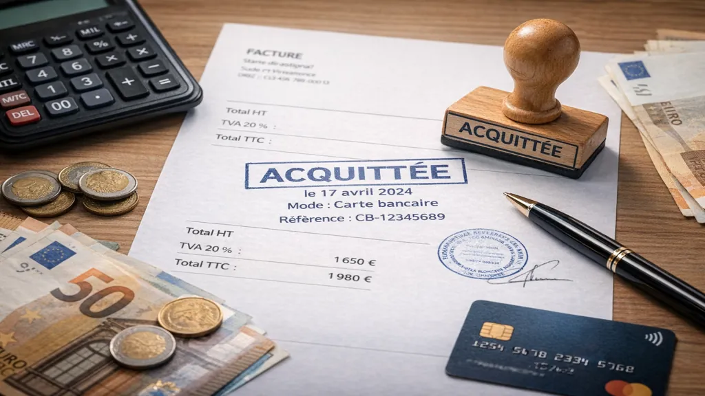 Facture acquittée : définition, mentions obligatoires et modèle d'exemple pour justifier un paiement 1 Facture acquittée avec tampon de paiement, carte bancaire, espèces et calculatrice sur un bureau comptable, illustrant un justificatif de règlement.