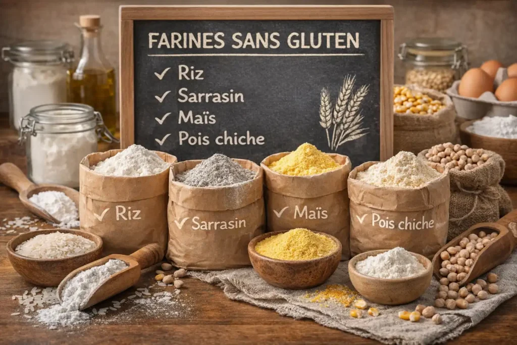 Farines sans gluten disposées sur un plan de travail avec farine de riz, sarrasin, maïs et pois chiche pour la cuisine et la pâtisserie