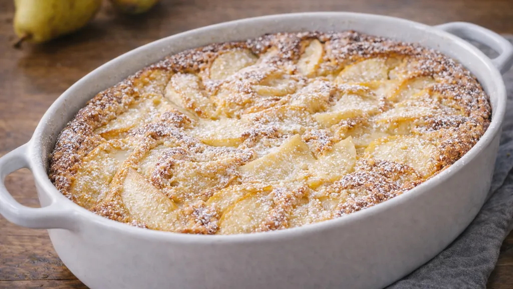 Flognarde aux pommes traditionnelle du Limousin, dessert moelleux aux lamelles de pommes, cuite au four et saupoudrée de sucre glace