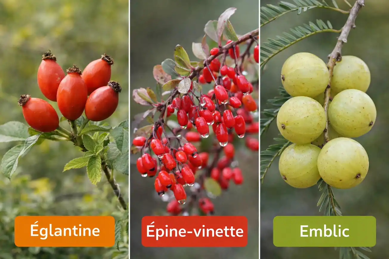 Fruits commençant par la lettre E avec églantine, épine-vinette et emblic présentés côte à côte