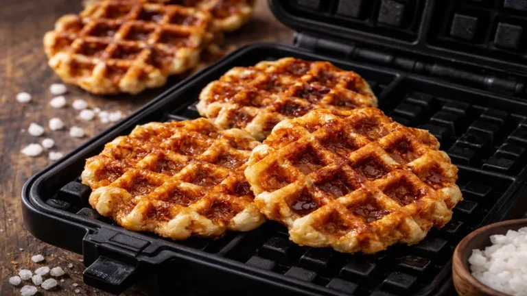 Gaufres liégeoises dorées et croustillantes au sucre perlé en cuisson dans un gaufrier belge