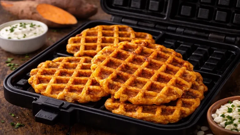Gaufres de patate douce dorées et croustillantes cuites au gaufrier avec accompagnements salés