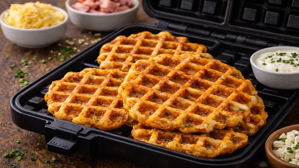 Gaufres salées dorées et croustillantes au fromage et aux herbes cuites au gaufrier
