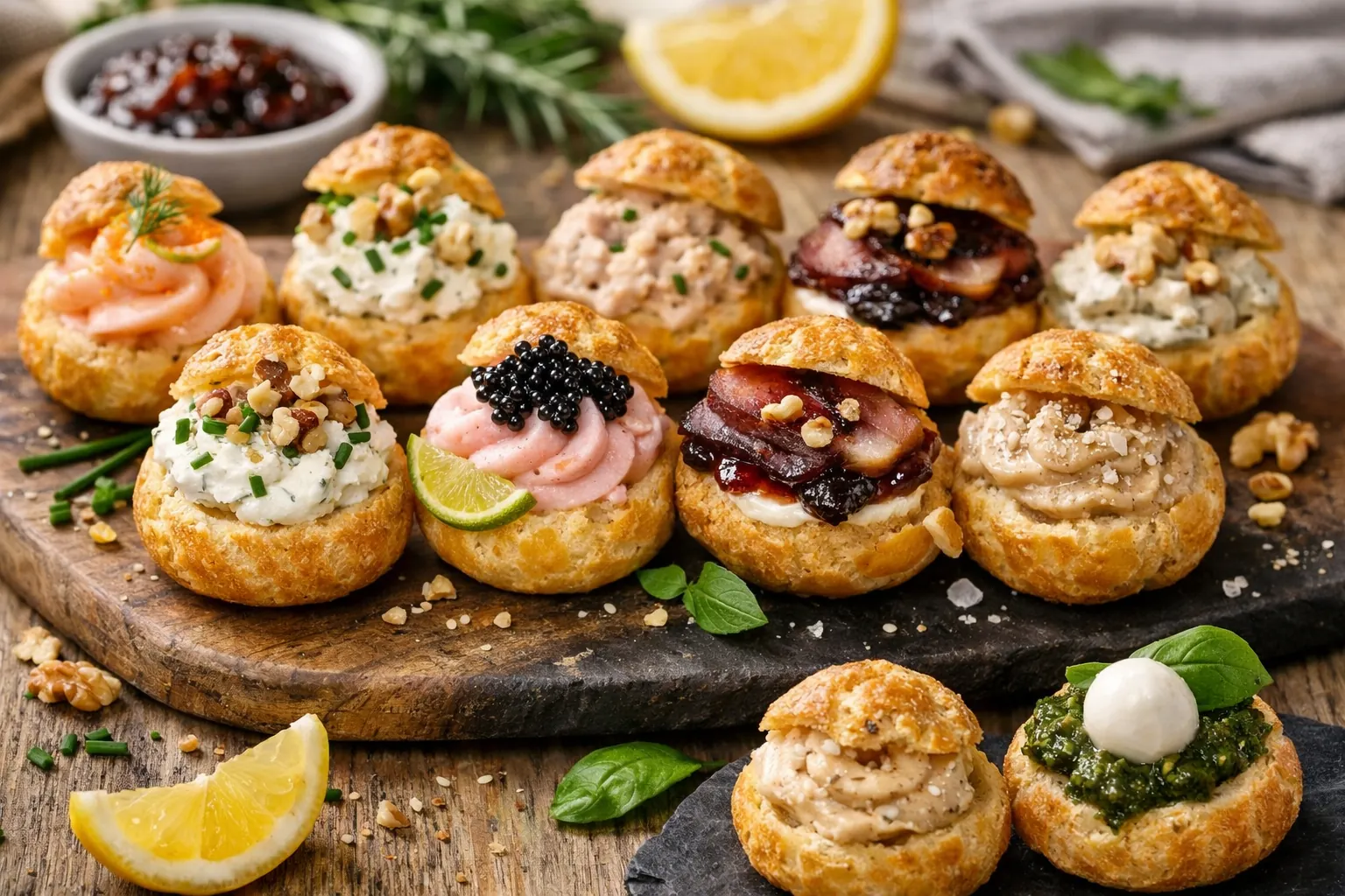 Assortiment de petits choux salés garnis pour l’apéritif, avec mousse de saumon fumé, tarama, fromage frais aux herbes, magret fumé et garnitures gourmandes, présentés sur un plateau.