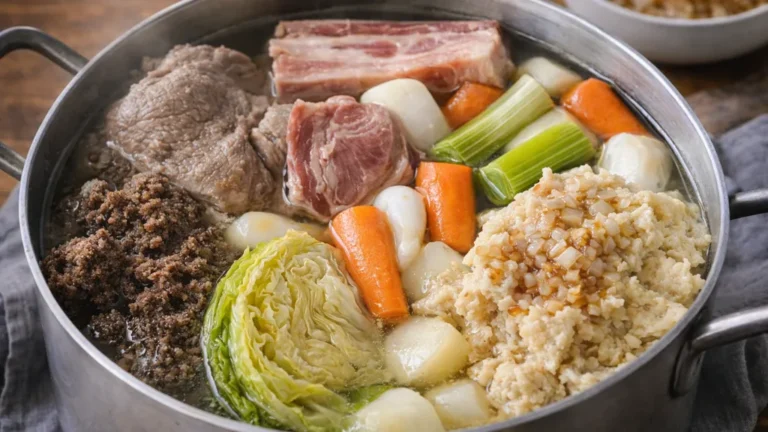 Kig ha farz traditionnel breton dans une grande marmite, avec viandes mijotées, légumes du pot-au-feu, farz noir et farz blanc nappés de lipig