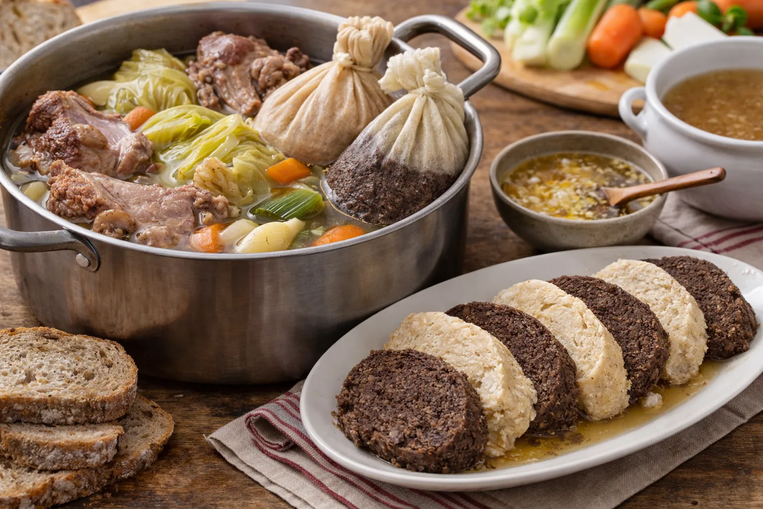Kig ha farz recette : le pot-au-feu breton traditionnel étape par étape 1 Kig ha farz breton traditionnel avec viandes demi-sel, légumes, farz noir et farz blanc cuits en sac, servi avec sauce au beurre salé