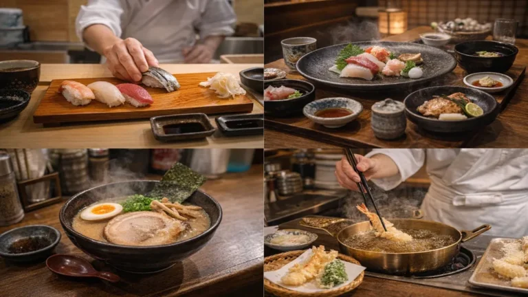 Spécialités culinaires japonaises à Tokyo avec sushi, kaiseki, ramen et tempura servis dans des restaurants traditionnels.