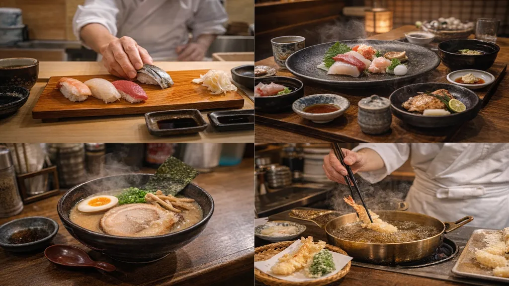 Spécialités culinaires japonaises à Tokyo avec sushi, kaiseki, ramen et tempura servis dans des restaurants traditionnels.