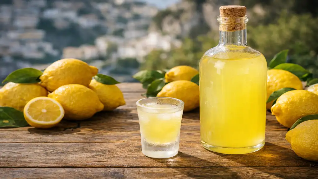 Limoncello : liqueur de citron italienne, dégustation glacée et fabrication maison 1 Limoncello italien servi glacé en digestif avec bouteille artisanale et citrons jaunes de la côte amalfitaine