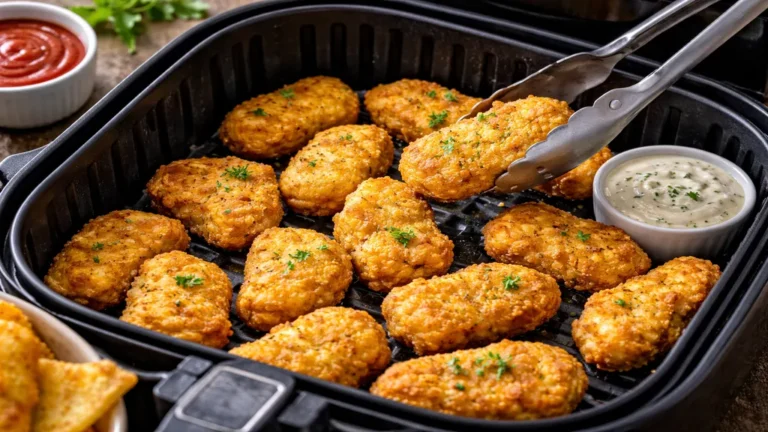 Nuggets de poulet dorés et croustillants cuits au air fryer dans le panier avec sauces d’accompagnement