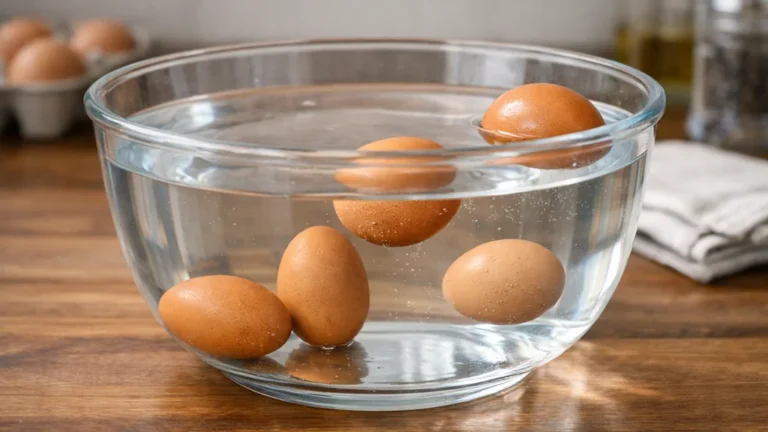 Œufs plongés dans un bol d’eau illustrant le test de fraîcheur : œuf frais au fond, œuf plus ancien à la verticale et œuf flottant en surface