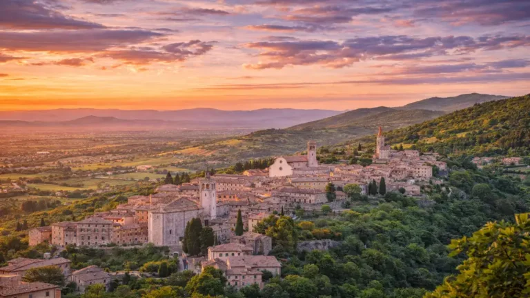 Village médiéval perché au coucher du soleil dans la région de l’Ombrie, au cœur de l’Italie centrale