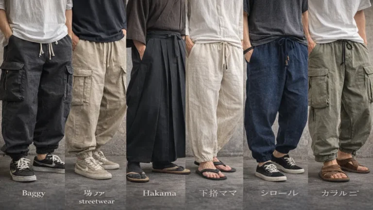 Différents styles de pantalons japonais pour homme, incluant baggy streetwear, cargo oversize et hakama traditionnel, portés dans un look urbain moderne.