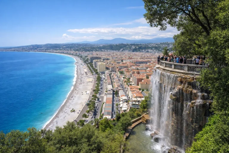 Vue panoramique depuis le parc de la colline du château à Nice, avec la Baie des Anges, la cascade du château, le Vieux-Nice et le littoral de la Côte d’Azur.