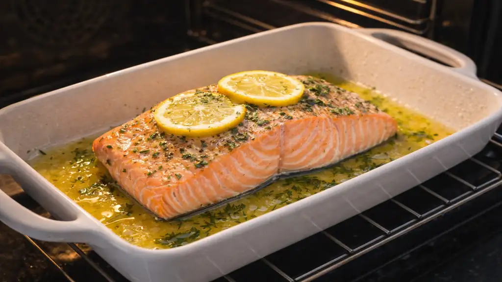 Pavé de saumon au four moelleux avec citron, herbes fraîches et huile d’olive