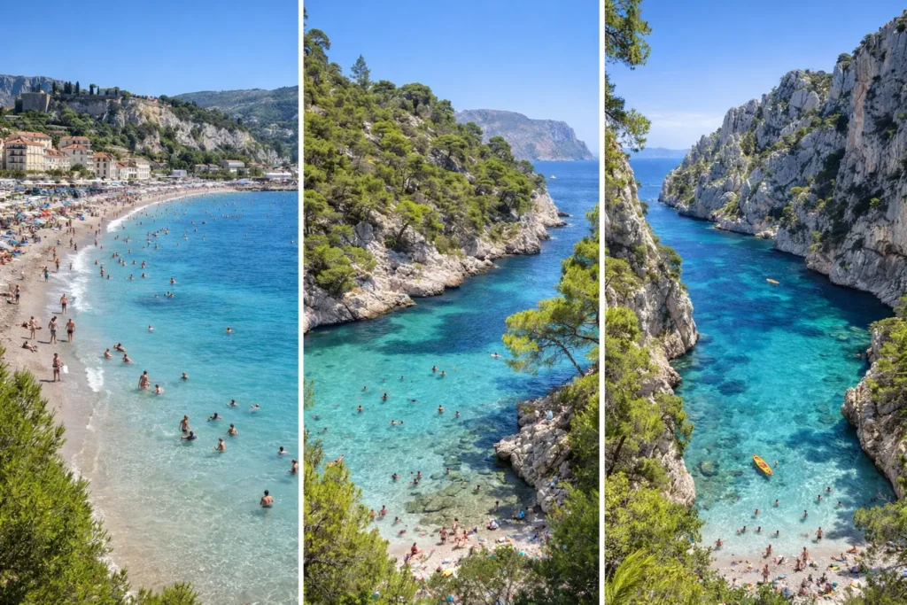 Plages et calanques de Cassis : plage de la Grande Mer et calanques de Port-Pin et d’En-Vau, avec eaux turquoise, falaises calcaires et baigneurs en été.