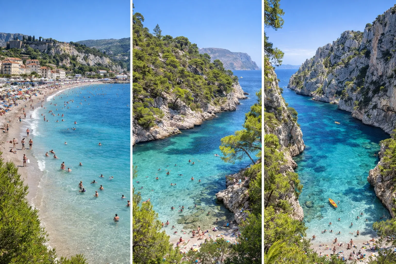 Plages et calanques de Cassis : plage de la Grande Mer et calanques de Port-Pin et d’En-Vau, avec eaux turquoise, falaises calcaires et baigneurs en été.