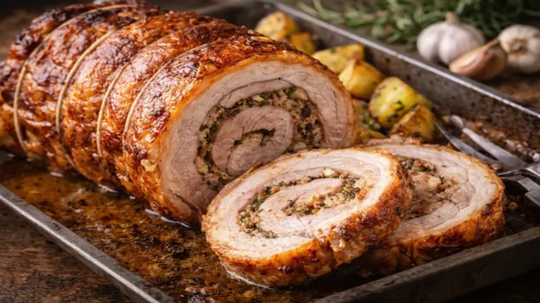 Porchetta : recette maison complète pour un rôti italien croustillant et fondant 7 Porchetta italienne rôtie au four avec couenne croustillante, viande de porc roulée et herbes aromatiques