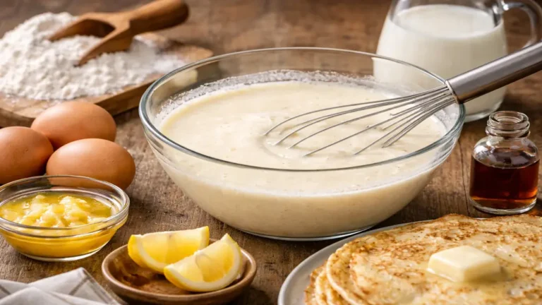 Crêpes recette sans sucre : pâte nature réussie en 6 ingrédients 8 Préparation d’une pâte à crêpes sans sucre avec farine, œufs, lait et beurre sur plan de travail