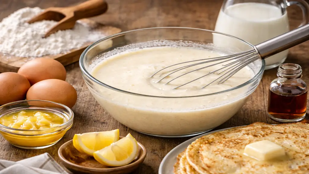 Préparation d’une pâte à crêpes sans sucre avec farine, œufs, lait et beurre sur plan de travail